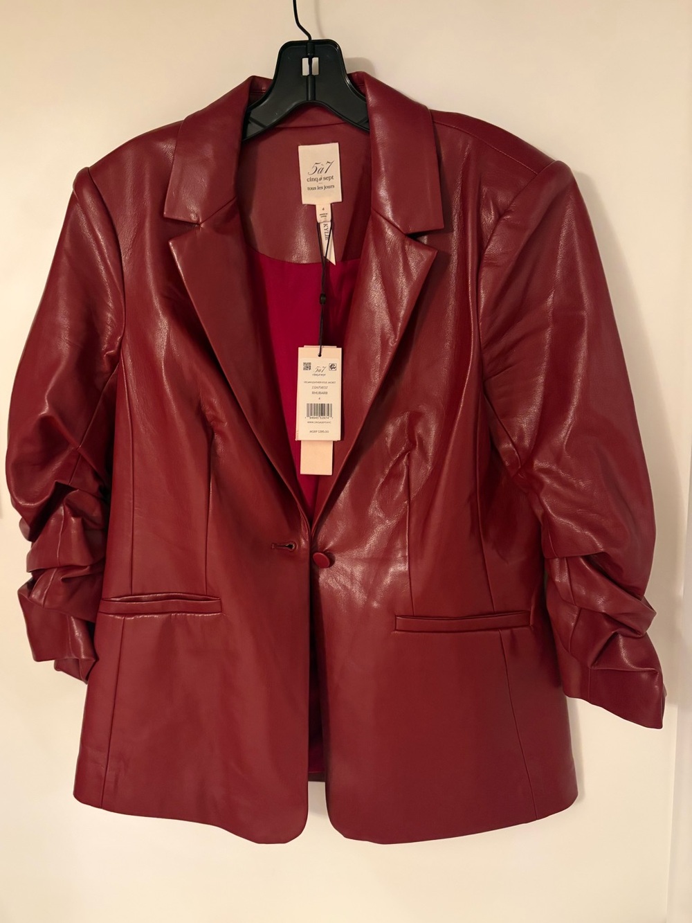 Cinq a Sept Vegan Leather Kylie Blazer Ruched Sleeve Size 4 NWT Red Rhubarb $395